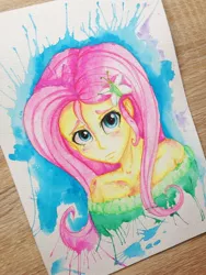 Size: 2448x3264 | Tagged: safe, artist:yellowrobin, derpibooru import, fluttershy, equestria girls, clothes, off shoulder, solo, traditional art, watercolor painting