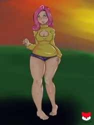 Size: 1500x2000 | Tagged: artist:kerodash, breasts, busty fluttershy, clothes, derpibooru import, feet, female, fluttershy, human, humanized, keyhole turtleneck, open-chest sweater, solo, suggestive, sweater, sweatershy, turtleneck, wide hips