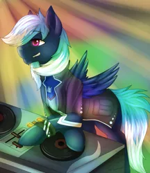 Size: 2000x2318 | Tagged: safe, artist:lu-kurio, derpibooru import, oc, oc:noxy, unofficial characters only, pegasus, pony, clothes, disc, dog tags, fangs, grin, happy, jacket, male, music, party, smiling, solo, sweatband, wings, wristband