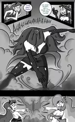 Size: 800x1300 | Tagged: artist:tigerdehavilland, confrontation, derpibooru import, human, humanized, monochrome, princess celestia, princess luna, queen chrysalis, safe, tumblr comic