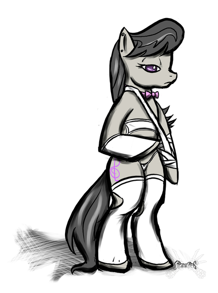 Size: 1116x1500 | Tagged: suggestive, artist:freefox, derpibooru import, octavia melody, pony, bandage, bipedal, clothes, female, panties, solo, solo female, stockings, underwear