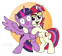 Size: 922x828 | Tagged: safe, artist:haretrinity, derpibooru import, moondancer, twilight sparkle, twilight sparkle (alicorn), alicorn, pony, amending fences, :i, female, lesbian, mare, shipping, simple background, transparent background, twidancer