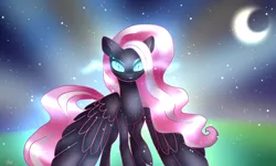 Size: 2000x1200 | Tagged: artist:kayak94, ask nightmare mane 6, ask nightmare six, crescent moon, derpibooru import, fluttershy, looking at you, moon, night, nightmare fluttershy, night sky, safe, sky, solo