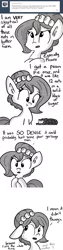 Size: 777x3108 | Tagged: safe, artist:tjpones, derpibooru import, oc, oc:brownie bun, unofficial characters only, horse wife, :t, ask, eating, floppy ears, monochrome, open mouth, pecan pie, raised eyebrow, sheepish, solo, tumblr