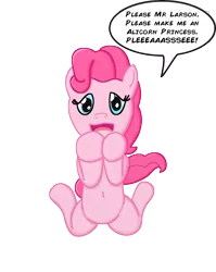 Size: 2485x3129 | Tagged: safe, artist:saburodaimando, derpibooru import, pinkie pie, pony, begging, belly button, cute, dialogue, diapinkes, kneeling, m.a. larson, open mouth, simple background, solo, speech bubble, transparent background