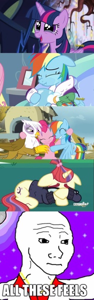 Size: 926x2935 | Tagged: safe, derpibooru import, edit, edited screencap, screencap, fluttershy, gilda, moondancer, pinkie pie, rainbow dash, tank, twilight sparkle, twilight sparkle (alicorn), alicorn, gryphon, pony, amending fences, castle sweet castle, tanks for the memories, the lost treasure of griffonstone, crying, feels, female, floppy ears, image macro, mare, meme, tree of memories, wojak