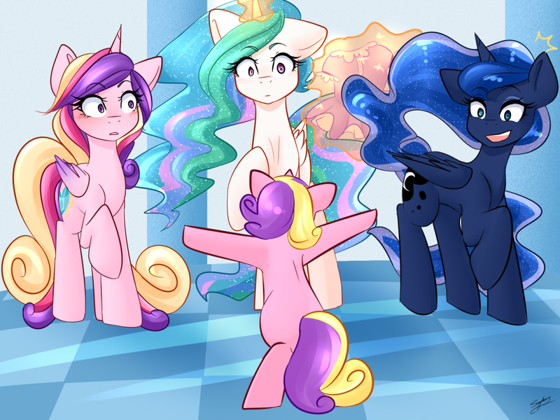 Size: 1280x960 | Tagged: safe, artist:sugarberry, derpibooru import, princess cadance, princess celestia, princess luna, princess skyla, pony, ask-cadance, bipedal, clothes, dress, jurassic world, levitation, magic, offspring, open mouth, parent:princess cadance, parent:shining armor, parents:shiningcadance, prattkeeping, raised hoof, telekinesis, wide eyes