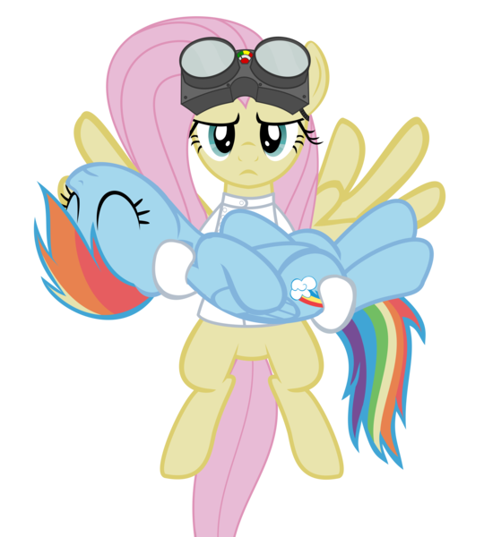 Size: 5400x6000 | Tagged: absurd resolution, artist:magister39, backwards cutie mark, carrying, clothes, costume, derpibooru import, doctor horrible, dr adorable, dr. horrible's sing-along blog, duo, eyes closed, fluttershy, flying, frown, goggles, rainbow dash, reference, safe, simple background, transparent background