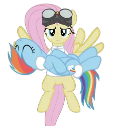 Size: 5400x6000 | Tagged: absurd resolution, artist:magister39, backwards cutie mark, carrying, clothes, costume, derpibooru import, doctor horrible, dr adorable, dr. horrible's sing-along blog, duo, eyes closed, fluttershy, flying, frown, goggles, rainbow dash, reference, safe, simple background, transparent background