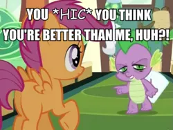 Size: 665x500 | Tagged: derpibooru import, drunk, drunker spike, go home you're drunk, safe, scootaloo, screencap, spike