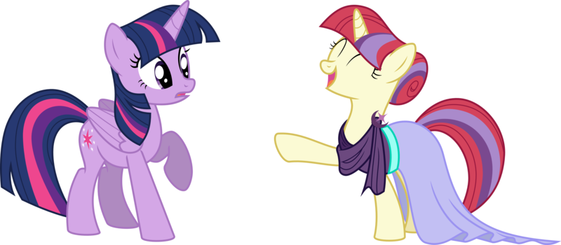 Size: 4088x1786 | Tagged: safe, artist:kaylathehedgehog, derpibooru import, moondancer, twilight sparkle, twilight sparkle (alicorn), alicorn, pony, amending fences, alternate hairstyle, clothes, dress, female, mare, simple background, transparent background, vector