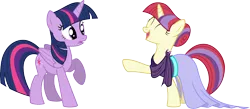 Size: 4088x1786 | Tagged: safe, artist:kaylathehedgehog, derpibooru import, moondancer, twilight sparkle, twilight sparkle (alicorn), alicorn, pony, amending fences, alternate hairstyle, clothes, dress, female, mare, simple background, transparent background, vector