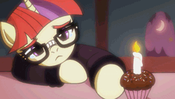 Size: 1280x720 | Tagged: safe, artist:fantasyblade, derpibooru import, moondancer, pony, unicorn, amending fences, alone, animated, candle, crying, cupcake, cute, dancerbetes, feels, fire, frame by frame, frown, glasses, happy birthday to me, lonely, sad, sadorable, solo, woobie