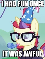 Size: 318x409 | Tagged: amending fences, derpibooru import, grumpy cat, hark a vagrant, hat, i had fun once and it was awful, image macro, meme, moondancer, noisemaker, party hat, party horn, safe, screencap, solo, unamused
