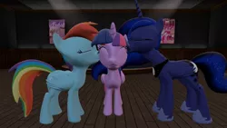 Size: 1360x768 | Tagged: safe, artist:mk513, derpibooru import, princess luna, rainbow dash, twilight sparkle, twilight sparkle (alicorn), alicorn, pony, 3d, female, gmod, kiss on the cheek, kiss sandwich, kissing, lesbian, mare, shipping, twidash, twiluna, twilunadash