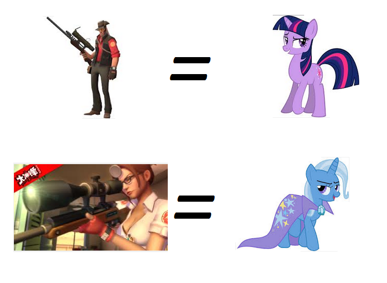 Size: 752x550 | Tagged: safe, derpibooru import, trixie, twilight sparkle, human, pony, unicorn, comparison, female, female sniper, final combat, glasses, gun, hat, hooves, horn, male, mare, meta, open mouth, optical sight, rifle, sniper, sniper rifle, solo, team fortress 2, weapon