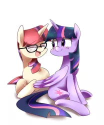 Size: 1000x1200 | Tagged: safe, artist:sion-ara, derpibooru import, moondancer, twilight sparkle, twilight sparkle (alicorn), alicorn, pony, amending fences, cute, eyes closed, female, glasses, lesbian, mare, open mouth, shipping, sitting, smiling, twidancer