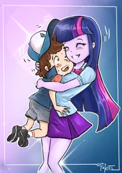 Size: 2894x4093 | Tagged: safe, artist:tokatl, derpibooru import, twilight sparkle, equestria girls, age difference, blushing, boob smothering, clothes, crossover, crossover shipping, diplight, dipper pines, eyes closed, female, gravity falls, hug, male, shipping, skirt, smiling, straight