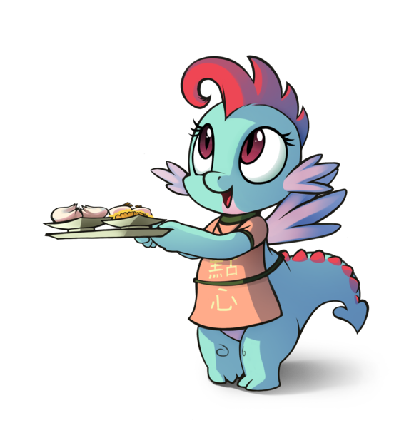 Size: 2383x2592 | Tagged: apron, artist:dimfann, clothes, cute, derpibooru import, dim sum, dragon, dumplings, looking up, namesake, oc, oc:dim sum the dragon, open mouth, safe, smiling, solo, unofficial characters only