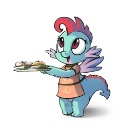 Size: 2383x2592 | Tagged: apron, artist:dimfann, clothes, cute, derpibooru import, dim sum, dragon, dumplings, looking up, namesake, oc, oc:dim sum the dragon, open mouth, safe, smiling, solo, unofficial characters only