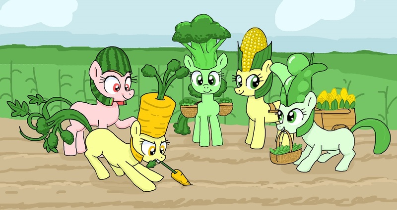 Size: 1458x775 | Tagged: artist:shutterflye, broccoli, carrot, corn, derpibooru import, food, oc, pea, safe, unofficial characters only, watermelon