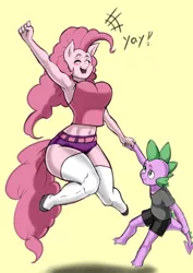 Size: 800x1132 | Tagged: anthro, armpits, artist:franschesco, belly button, big breasts, blushing, booty shorts, bouncing breasts, breasts, busty pinkie pie, clothes, curvy, derpibooru import, eyes closed, female, holding hands, jumping, male, midriff, open mouth, pinkie pie, pinkiespike, shipping, simple background, smiling, spike, stockings, straight, straight shota, suggestive, thigh highs, thighs, unguligrade anthro, wide hips, yay, yellow background