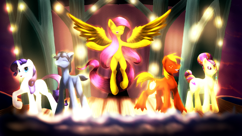 Size: 1920x1080 | Tagged: safe, artist:thatonegib, derpibooru import, big macintosh, fluttershy, rarity, toe-tapper, torch song, earth pony, pony, filli vanilli, male, ponytones, stallion