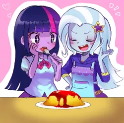 Size: 700x693 | Tagged: safe, artist:weiliy, derpibooru import, trixie, twilight sparkle, equestria girls, :o, blushing, cute, diatrixes, eating, eyes closed, female, lesbian, omelette, omurice, open mouth, shipping, smiling, starry eyes, twiabetes, twixie, wingding eyes
