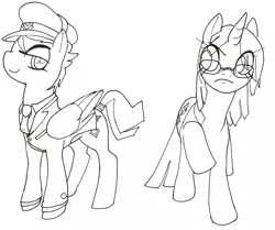 Size: 1095x914 | Tagged: safe, artist:gravekeeper, derpibooru import, oc, oc:holly diver, oc:miss spelling, unofficial characters only, pegasus, pony, unicorn, fanfic:the ballad of twilight sparkle, clothes, duo, duo female, fanfic art, female, glasses, hat, mare, monochrome, necktie, raised hoof, sketch, tail wrap, uniform