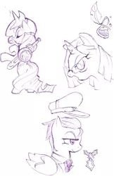 Size: 873x1346 | Tagged: safe, artist:gravekeeper, derpibooru import, rarity, oc, oc:holly diver, oc:miss spelling, pegasus, pony, unicorn, fanfic:the ballad of twilight sparkle, clothes, cutie mark, fanfic art, female, glasses, halberd, hat, mare, monochrome, necktie, rearing, shield, sketch, sword, uniform, warity, weapon