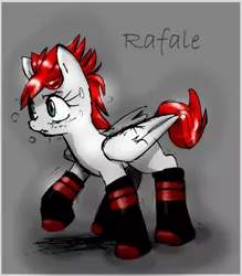 Size: 785x898 | Tagged: safe, artist:gravekeeper, artist:unitoone, derpibooru import, oc, oc:rafale mistral, unofficial characters only, pegasus, pony, fanfic:the ballad of twilight sparkle, clothes, colored, embarrassed, fanfic art, female, freckles, mare, socks, solo, wavy mouth