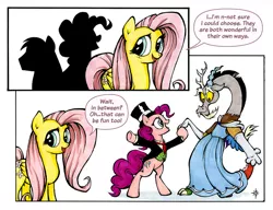 Size: 900x692 | Tagged: safe, artist:halfsparkle, derpibooru import, big macintosh, discord, fluttershy, pinkie pie, earth pony, pony, ask sex-positive fluttershy, ask, clothes, comic, crossdressing, dress, male, silhouette, stallion, tumblr, tuxedo