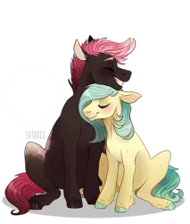 Size: 800x941 | Tagged: safe, artist:sutexii, derpibooru import, oc, oc:soft spot, oc:soulful inkwell, unofficial characters only, earth pony, pony, blushing, cuddling, female, male, mare, snuggling, stallion, straight, unshorn fetlocks