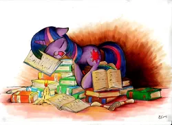 Size: 2000x1455 | Tagged: artist:ecmonkey, book, bookhorse, book nest, candle, derpibooru import, princess sleeping on books, safe, sleeping, snoring, solo, that pony sure does love books, traditional art, twilight sparkle