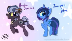 Size: 3255x1870 | Tagged: safe, artist:psychoon, derpibooru import, oc, oc:heebie jeebies, oc:juniper blue, unofficial characters only, earth pony, pony, unicorn, buns, female, mare, necklace, skeleton, solo