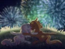 Size: 1320x986 | Tagged: safe, artist:prettypinkpony, derpibooru import, oc, oc:prince cosmic light, oc:princess sorraia, unofficial characters only, alicorn, pony, adult, alicornified, cuddling, female, fireworks, goatee, male, oc x oc, older, race swap, shipping, snuggling, sorright, straight