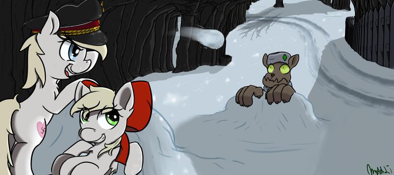 Size: 3600x1600 | Tagged: artist:shukketsustar, aryan, aryan pony, blonde, bow, cute, derpibooru import, diamond dog, fence, forest, hair bow, hat, nazi, nazipone, oc, oc:aryanne, oc:kyrie, road, safe, snow, snowball, snowball fight, soviet dogs, swastika, unofficial characters only