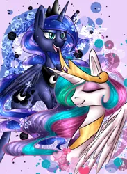 Size: 880x1200 | Tagged: safe, artist:karmamoonshadow, derpibooru import, princess celestia, princess luna, eyes closed, sisters