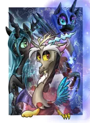 Size: 880x1200 | Tagged: artist:karmamoonshadow, derpibooru import, discord, nightmare moon, queen chrysalis, safe