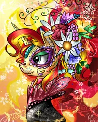 Size: 880x1100 | Tagged: safe, artist:karmamoonshadow, derpibooru import, sunset shimmer, pony, flower, solo