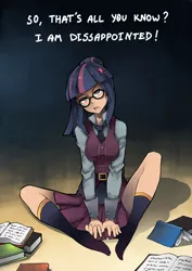 Size: 1000x1414 | Tagged: safe, artist:ponythehorsey, derpibooru import, sci-twi, twilight sparkle, equestria girls, friendship games, book, clothes, crystal prep academy, crystal prep academy uniform, dialogue, glasses, looking at you, missing shoes, school uniform, socks, solo, uniform