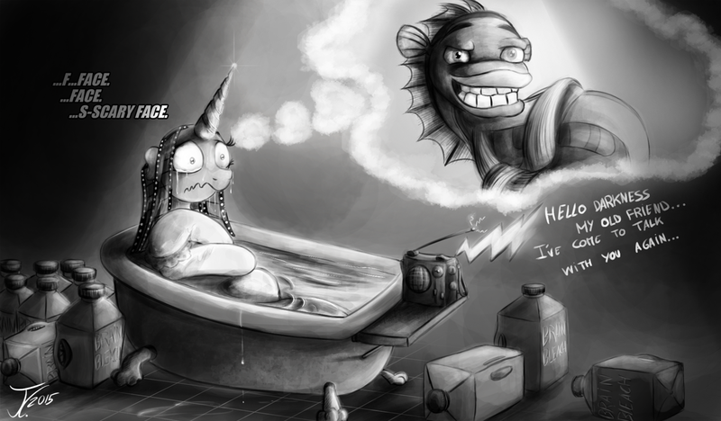 Size: 1250x731 | Tagged: artist:jamescorck, brain bleach, derpibooru import, dreamworks face, monochrome, oc, oc:movie slate, oscar, semi-grimdark, shark tale, simon and garfunkel, song reference, the sound of silence, unofficial characters only