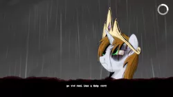 Size: 1920x1080 | Tagged: semi-grimdark, artist:brisineo, derpibooru import, edit, princess celestia, oc, oc:littlepip, unofficial characters only, pony, unicorn, fallout equestria, fallout equestria: the line, fanfic, black eye, blood, cloud, crown, do you feel like a hero yet?, ending, fanfic art, female, hero, horn, loading screen, mare, rain, solo, spec ops: the line, text, wet mane