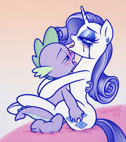 Size: 1144x1290 | Tagged: questionable, artist:dubstepina, derpibooru import, rarity, spike, dragon, pony, unicorn, bed, female, foalcon, interspecies, male, running makeup, sex, shipping, sparity, straight, straight shota