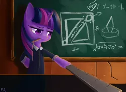 Size: 1671x1225 | Tagged: safe, artist:nod, derpibooru import, twilight sparkle, pony, bipedal, chalkboard, clothes, hoof hold, math, mouth hold, pencil, physics, ruler, school, science, solo, teacher