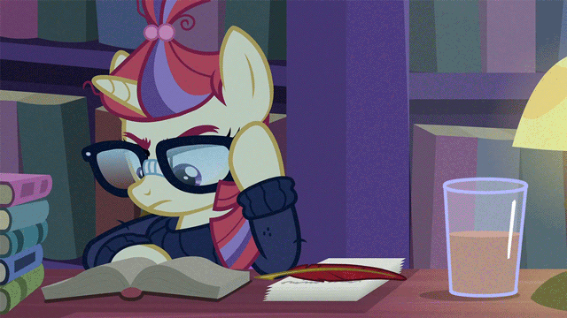 Size: 640x360 | Tagged: safe, artist:muffinshire, derpibooru import, edit, edited screencap, screencap, moondancer, twilight sparkle, twilight sparkle (alicorn), alicorn, pony, amending fences, animated, bedroom eyes, book, chocolate milk, duo, everything is ruined, female, frown, glare, glass, glasses, grumpy, i can't believe it's not superedit, library, magic, mare, meme, moral event horizon, pure unfiltered evil, quill, reading, shhh, smiling, smug, smuglight sparkle, spill, spilled milk, talking, unamused