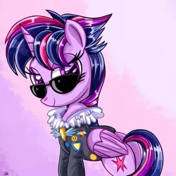 Size: 1000x1000 | Tagged: safe, artist:daniel-sg, derpibooru import, commander easy glider, twilight sparkle, twilight sparkle (alicorn), alicorn, pony, castle sweet castle, testing testing 1-2-3, alternate hairstyle, ancient wonderbolts uniform, badge, buttons, clothes, female, gradient background, jacket, looking at you, mare, plot, punklight sparkle, smiling, solo, stupid sexy twilight, sunglasses, wonderbolts logo