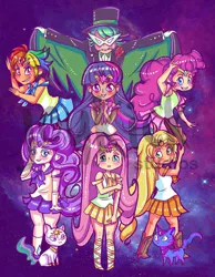 Size: 621x801 | Tagged: safe, artist:tora-the-underdog, derpibooru import, applejack, fluttershy, pinkie pie, princess celestia, princess luna, rainbow dash, rarity, spike, twilight sparkle, cat, human, crossover, humanized, mane seven, mane six, sailor moon, tuxedo mask, watermark