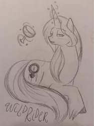 Size: 449x600 | Tagged: semi-grimdark, artist:zigragirl, derpibooru import, oc, oc:wildrider, unofficial characters only, pony, unicorn, antagonist, bedroom eyes, blood, corrupted, evil, irc, levitation, magic, male, monochrome, pencil drawing, prone, simple background, solo, stallion, traditional art, unshorn fetlocks, wine, wine glass