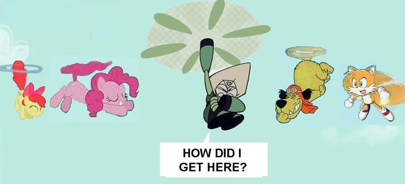 Size: 1183x537 | Tagged: safe, derpibooru import, apple bloom, pinkie pie, amending fences, applecopter, crossover, flying, hanna barbera, meme, miles "tails" prower, muttley, needs more jpeg, peridot (steven universe), pinkie being pinkie, pinkiecopter, pinkie physics, sonic the hedgehog (series), steven universe, tailcopter, wacky races